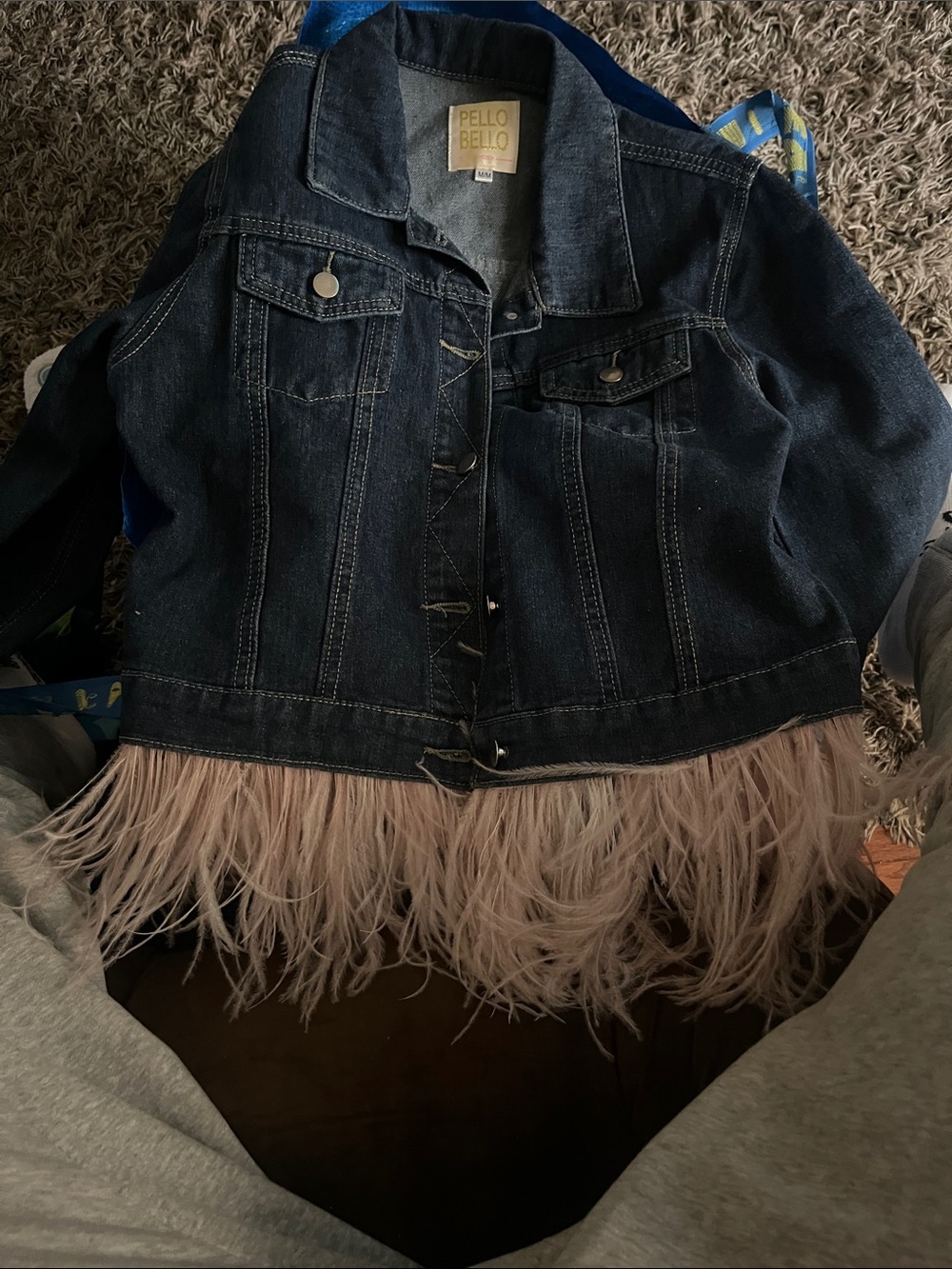 Women's Dark Blue Denim Jacket with Blush Feather Trim